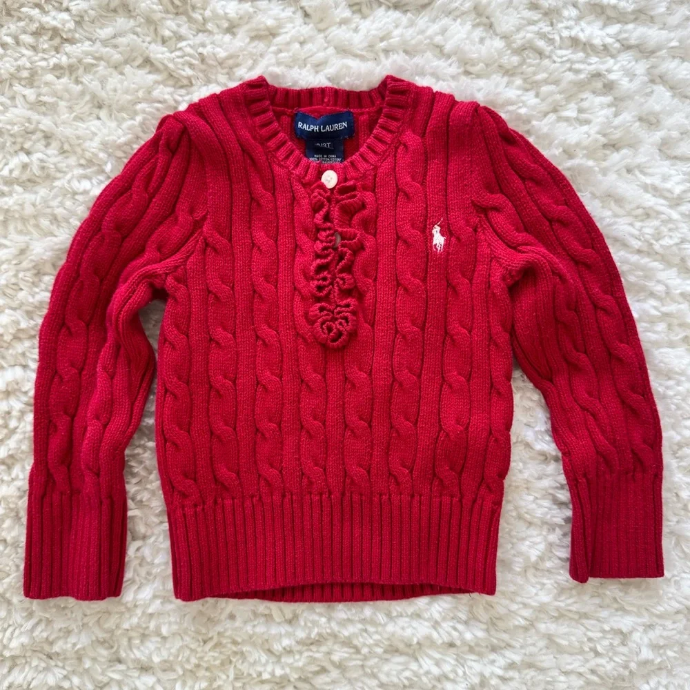 Ralph Lauren Girls Cable Knit Sweater Ruffle Red size 3 / 3T